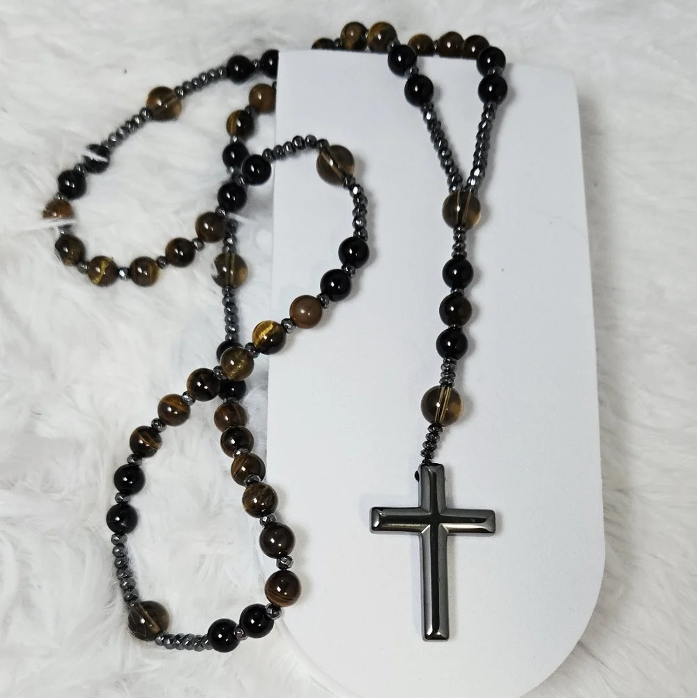 Tiger Eye Rosary Necklace Hematite Cross Long Beaded Chain 30